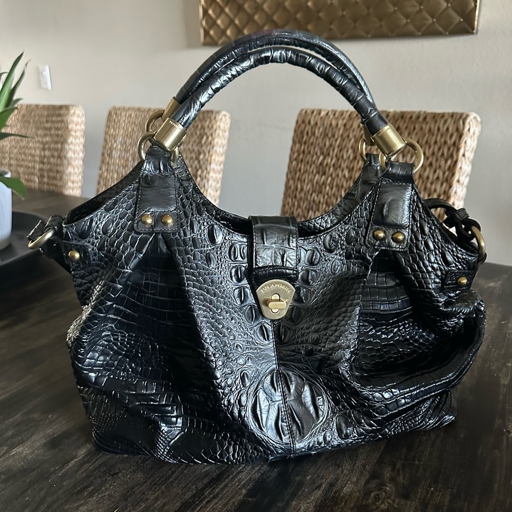 Brahmin Elisa Large Metallic Black Croc Embossed Leather Handbag Tote